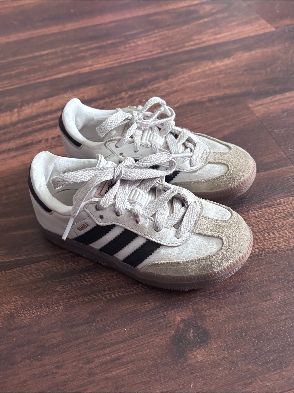 adidas Kids White Sneakers with Black Stripes and Tan Suede 9.5